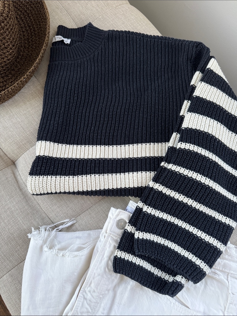 Zara Navy and White Striped Crewneck Sweater